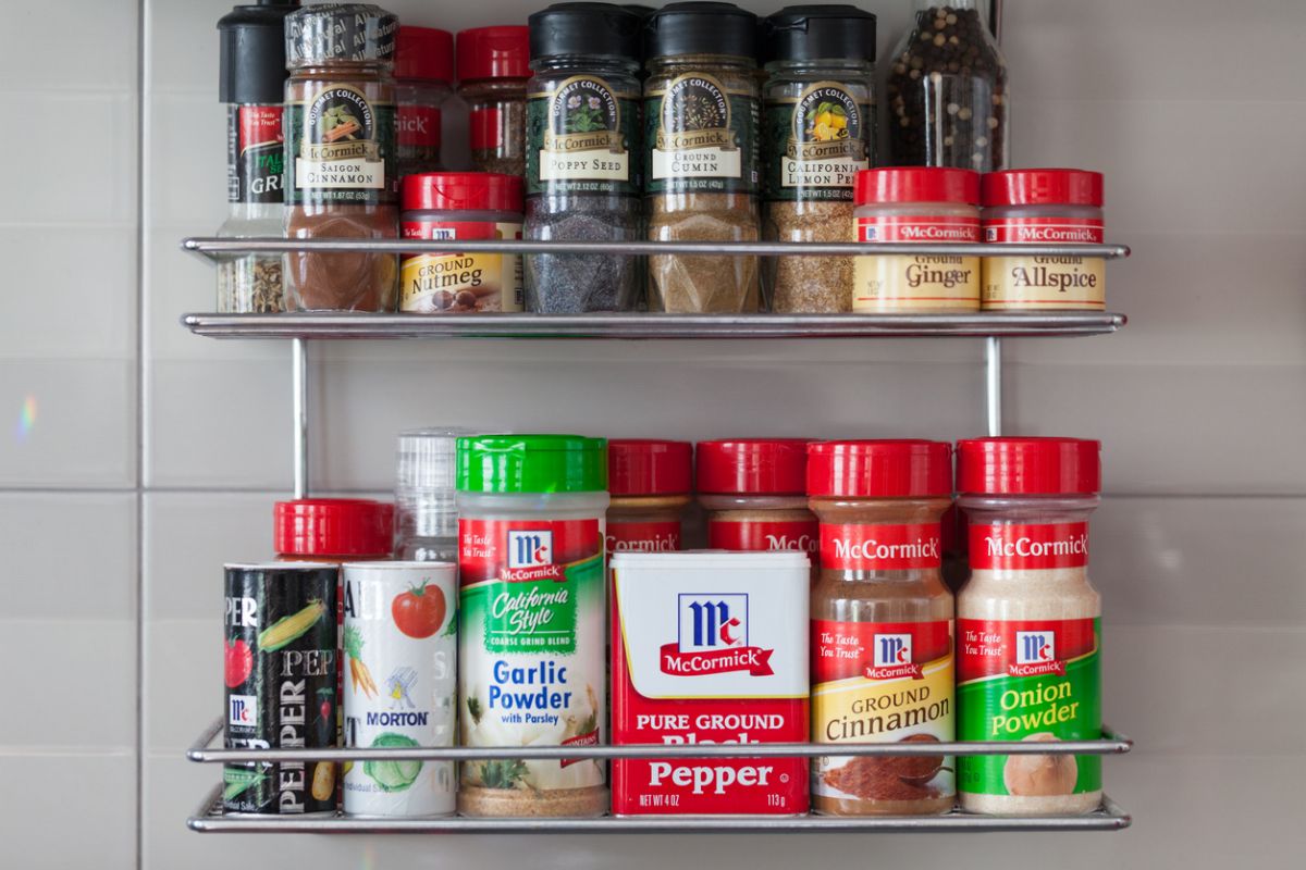 Spice rack filled with McCormick herbs and spices