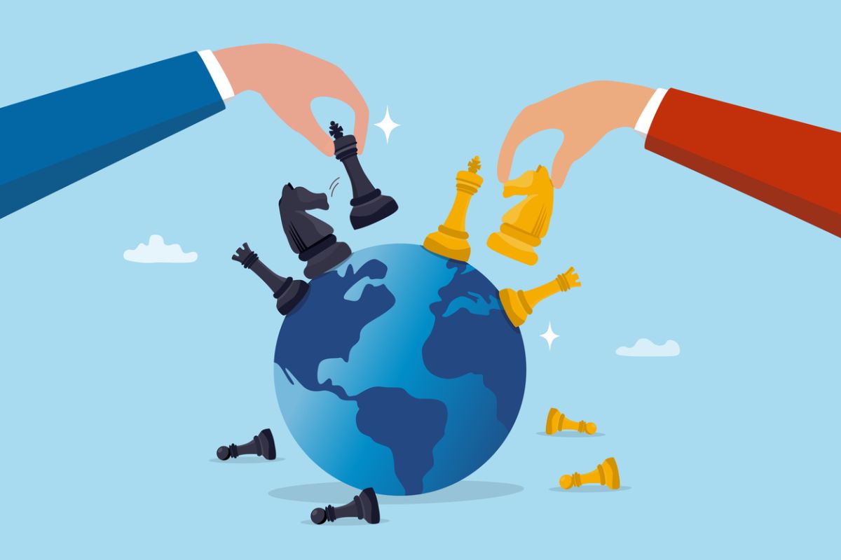 Illustration of hands placing chess pieces on a globe, representing global competition, strategic positioning, and the rise of international equity markets.